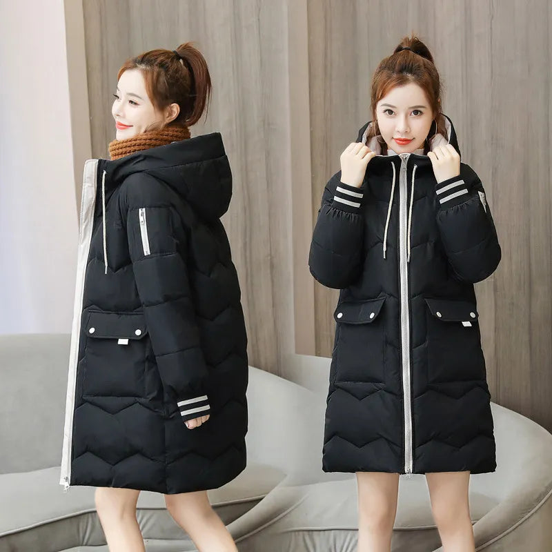 Women Hooded Warm Cotton Parka Mid-length Thicken Snow Jacket