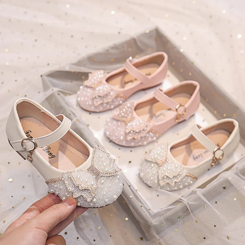 Chaussures de princesse à strass et nœud en perles pour petites filles