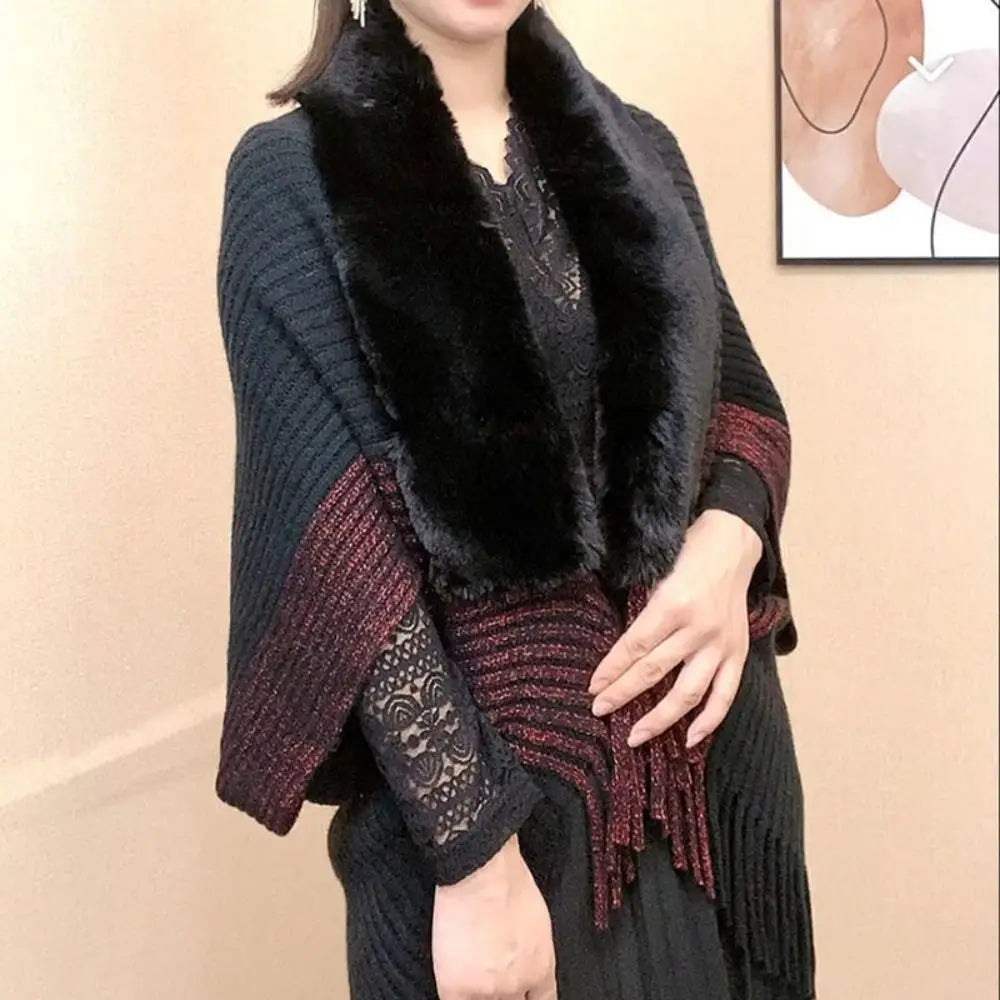 Fashion Knitting Thick Shawl with Faux Fur Collar