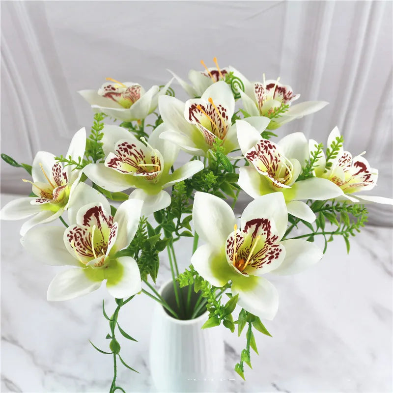 10Pcs White Silk Artificial Orchid Bouquet for Home and Wedding