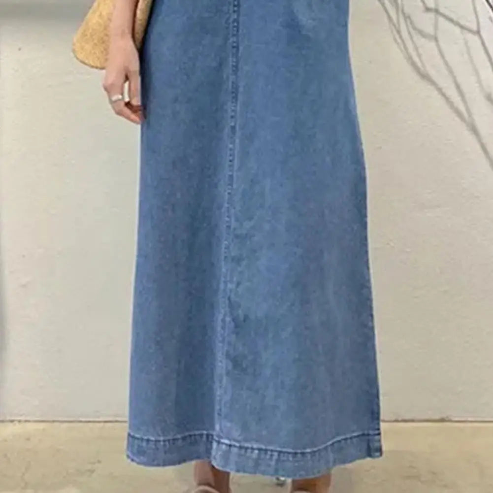 Pleated Denim A-Line Maxi Sundress