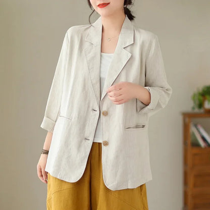 Blazer d'été à manches longues en coton et lin d'inspiration vintage avec col à revers