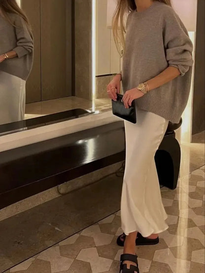 Black Satin High-Waist Midi Skirt