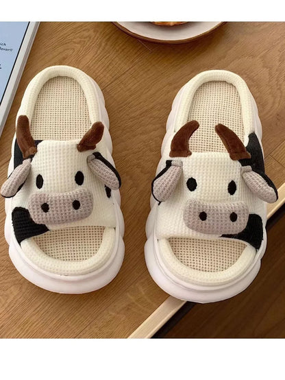 Rutschfeste, süße Leinen-Hausschuhe mit Cartoon-Kuh-Motiv