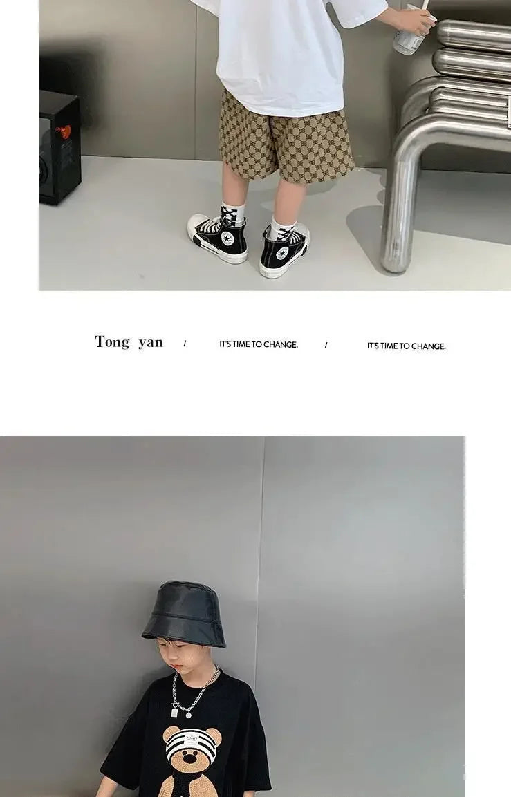 Baby Boy Cotton Embroidered Top with Brown Drawstring Pants