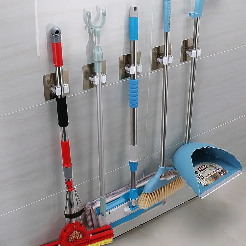 Punch-Free Wall-Mounted Mop Holder with Self-Adhesive Hooks