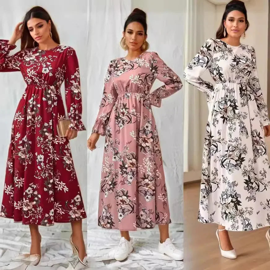 Women Maxi Dresses - Casual Full Sleeve Floral Printed O-neck Woman Bohe Beach Party Long Dress