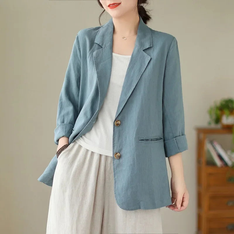 Blazer d'été à manches longues en coton et lin d'inspiration vintage avec col à revers