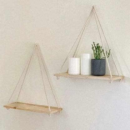 1PC Wooden Swing Hanging Hemp Rope Wall Shelves Mounted Floating Home Living Room Plant Flower