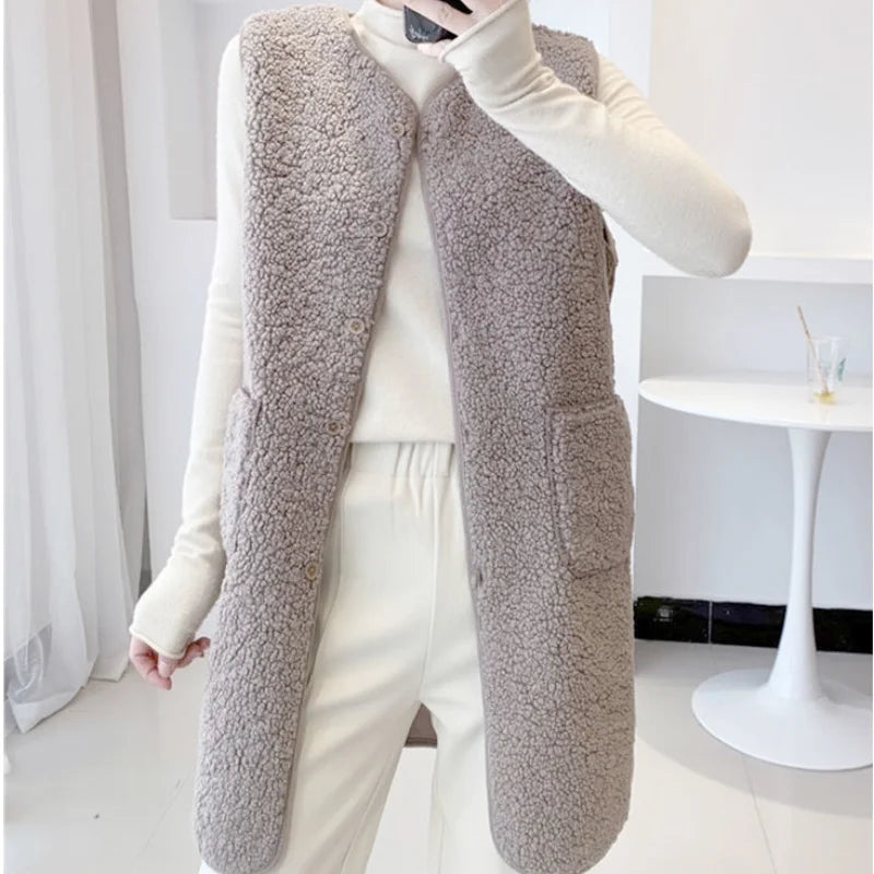Stylish Medium-Length Lamb Wool Vest Jacket