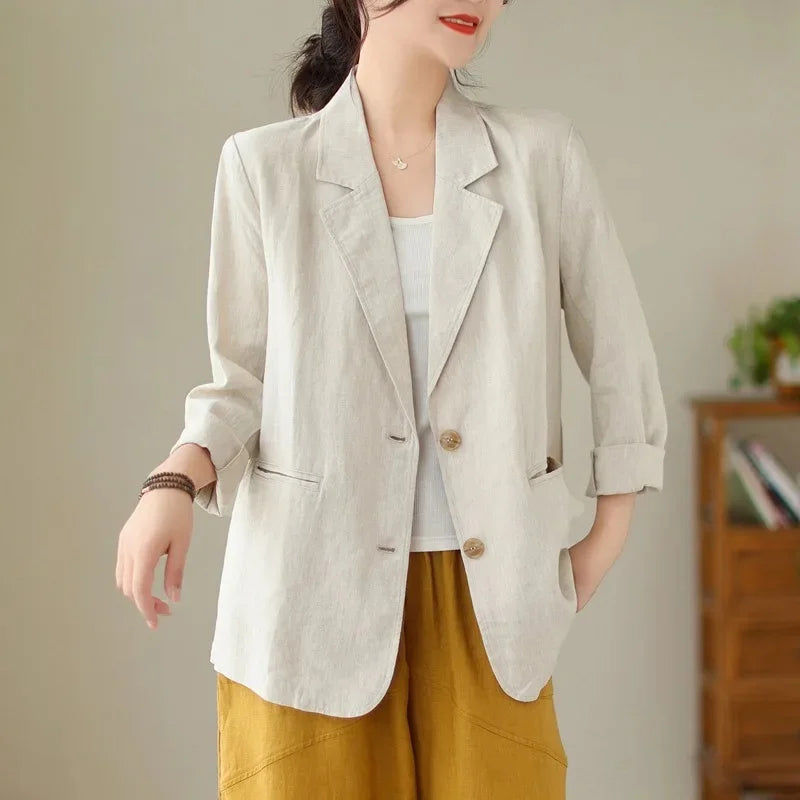 Blazer d'été à manches longues en coton et lin d'inspiration vintage avec col à revers