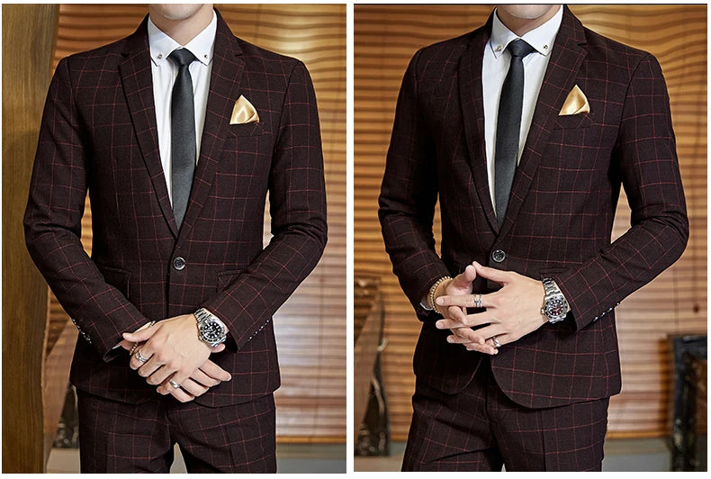 Men's Casual One-Button Plaid Two-Piece Set