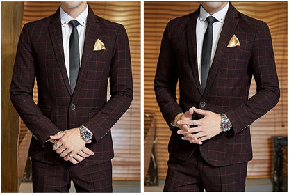 Men's Casual One-Button Plaid Two-Piece Set