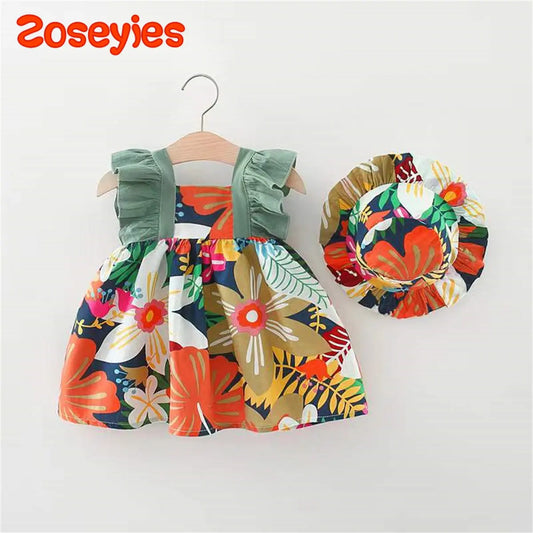 Baby Girls Tropical Flower Flying Sleeve Floral Print Dress & Hat