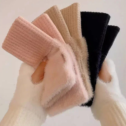 Gants d'hiver chauds en polaire de vison tricotés en peluche doux à demi-doigts pour femmes