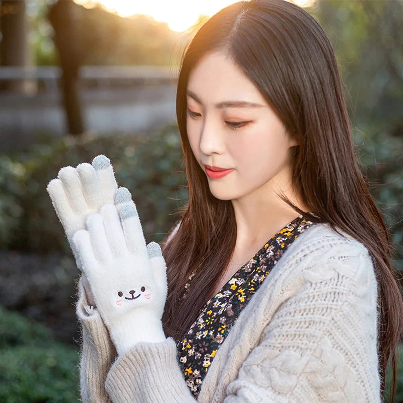 Smiley Bear Embroidered Touchscreen Gloves for Women