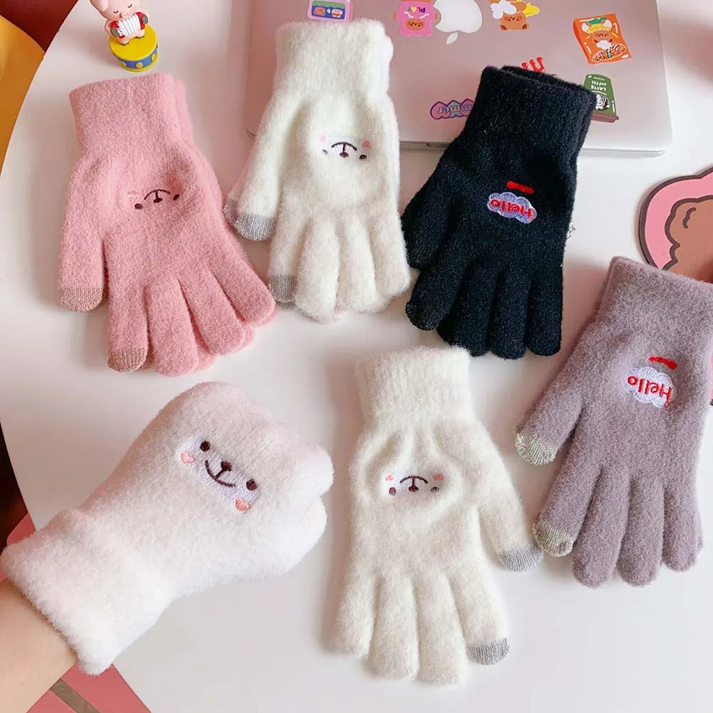 Smiley Bear Embroidered Touchscreen Gloves for Women