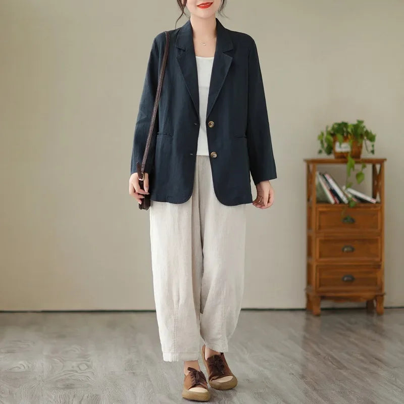 Blazer d'été à manches longues en coton et lin d'inspiration vintage avec col à revers