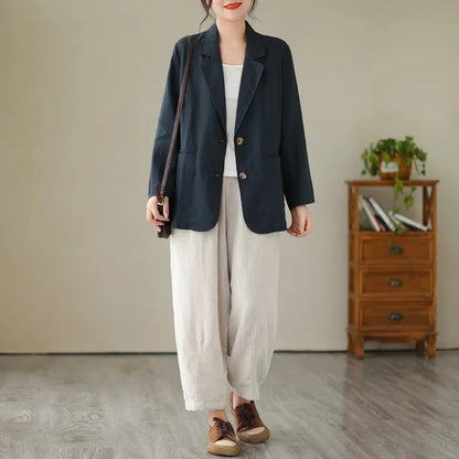 Blazer d'été à manches longues en coton et lin d'inspiration vintage avec col à revers