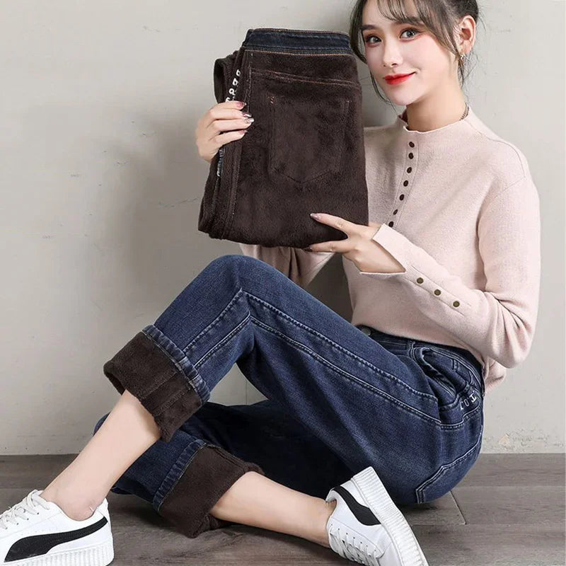 New Winter Classic High Waist Fleece Jeans for Women