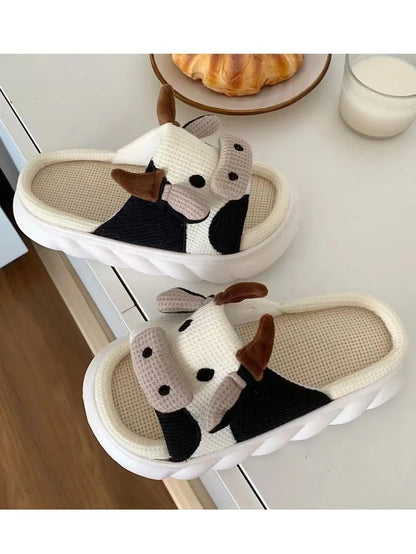 Rutschfeste, süße Leinen-Hausschuhe mit Cartoon-Kuh-Motiv