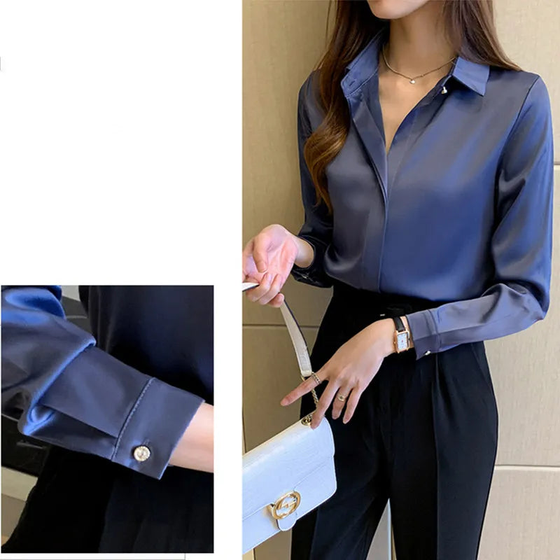 Chic Solid Satin Long Sleeve T-Shirt for Women's Fashion