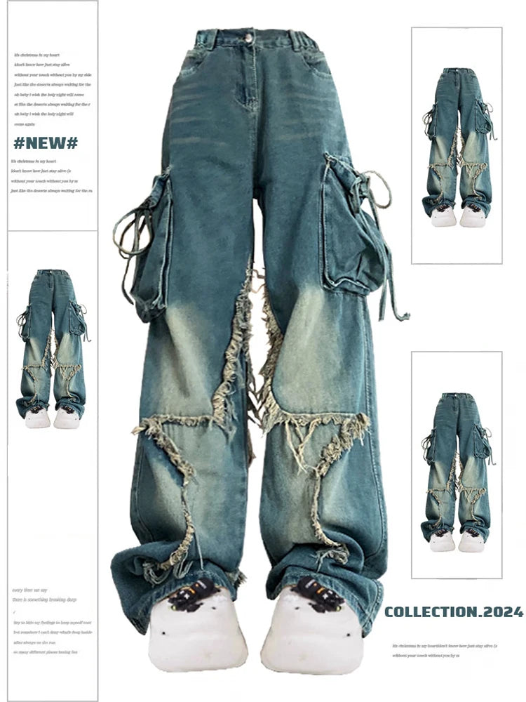 Vintage 90s High-Waist Blue Cargo Jeans for Women