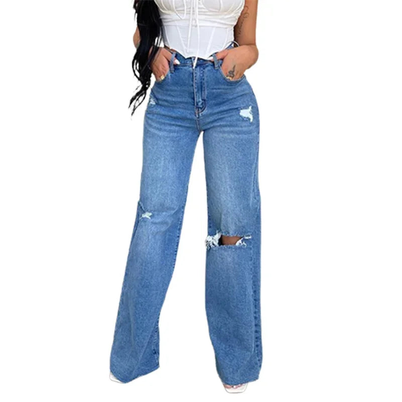 Stylish High-Waist Hollow Out Straight Jeans for Women