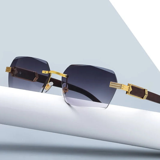 Quadratische, randlose Retro-Sonnenbrille, modische Holzbrille mit Farbverlauf