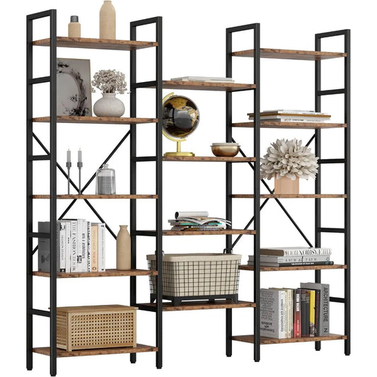 Triple Wide 5 Tiers Industrial Bookshelf - Open Display Metal Frame Shelves