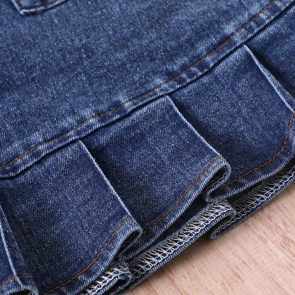 Mädchen Hochgeschlossener, langärmliger gerippter Denim-Faltenrock mit Gürtel