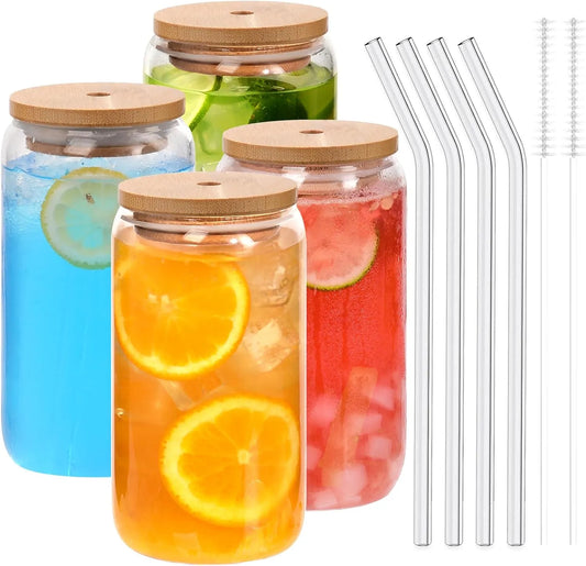 Can Shaped Glass Cups with Bamboo Lids and Straws