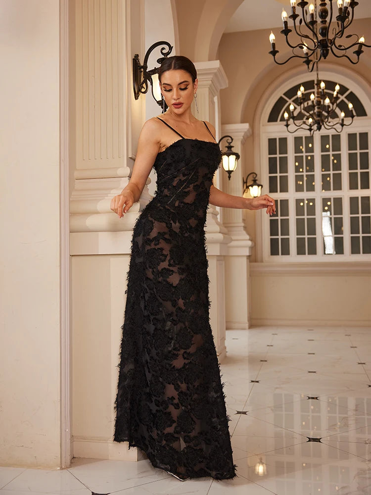 Mingmingxi – Elegantes schwarzes Maxikleid mit Applikationen