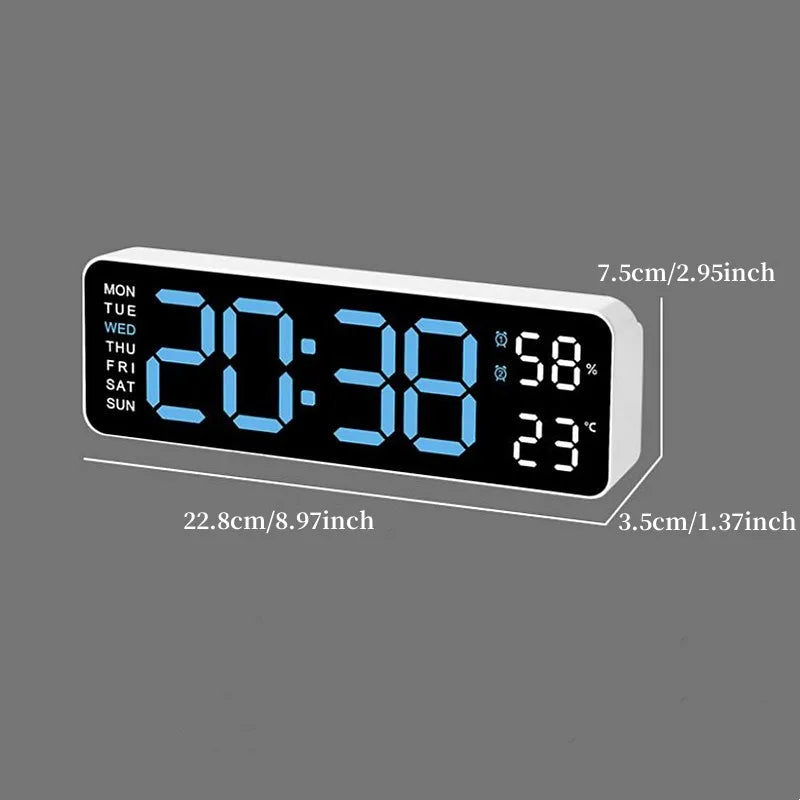 9 Zoll große digitale Wanduhr, USB-betrieben, Temperatur- und Feuchtigkeitsanzeige, Woche, automatischer Dimmer, DST, Tischuhr, 12/24 Stunden, elektronischer LED-Wecker