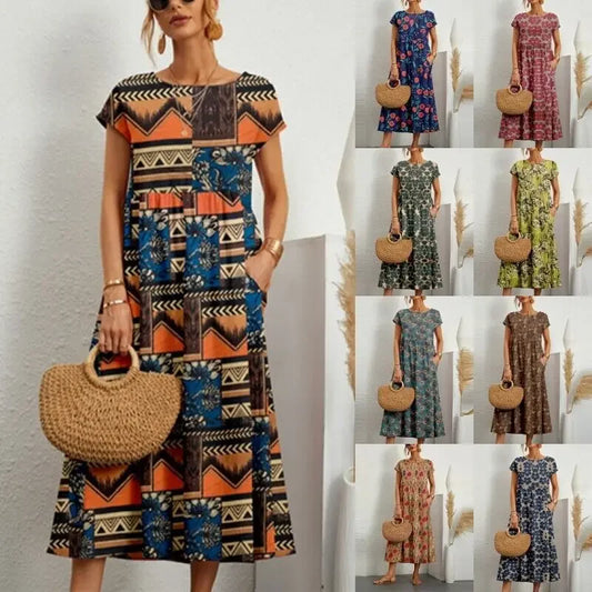 Robe longue imprimée en coton et lin sans manches à col rond pour femme