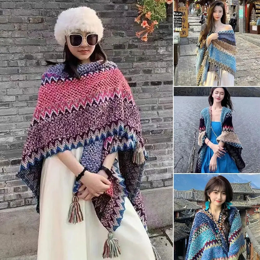 Ethnic Style Mongolian Knitted Poncho for Winter