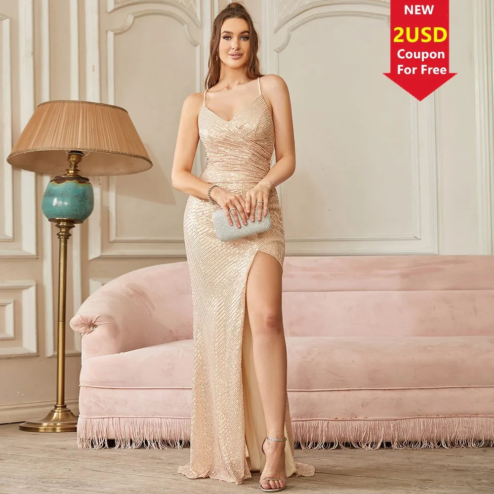 Funkelndes Champagner-Abendkleid mit Pailletten im Meerjungfrauen-Stil