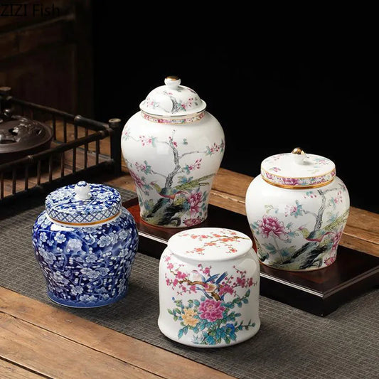 Vases de pot de stockage d’organisateur de thé en céramique bleue et blanche