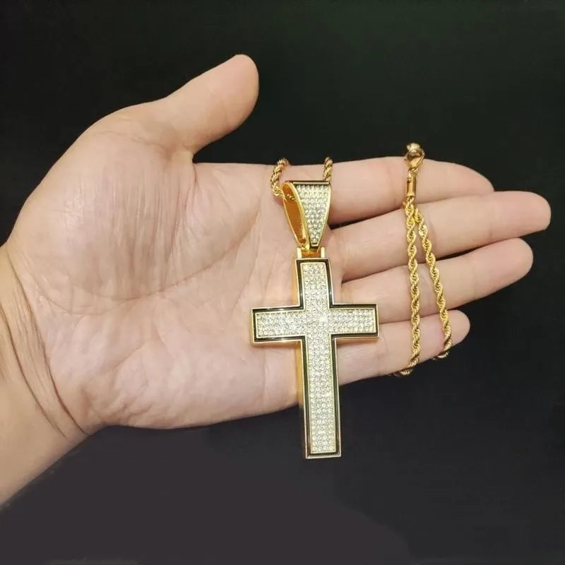 Collier pendentif croix brillante pour hommes et femmes avec chaîne cubaine