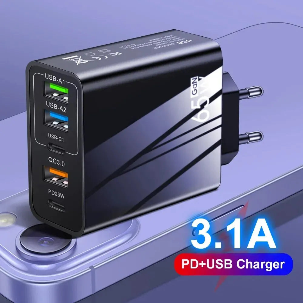 65w Fast Charger Mobile Charging Head Pd Plus 3usb Travel Multi Interface Charger Adapter