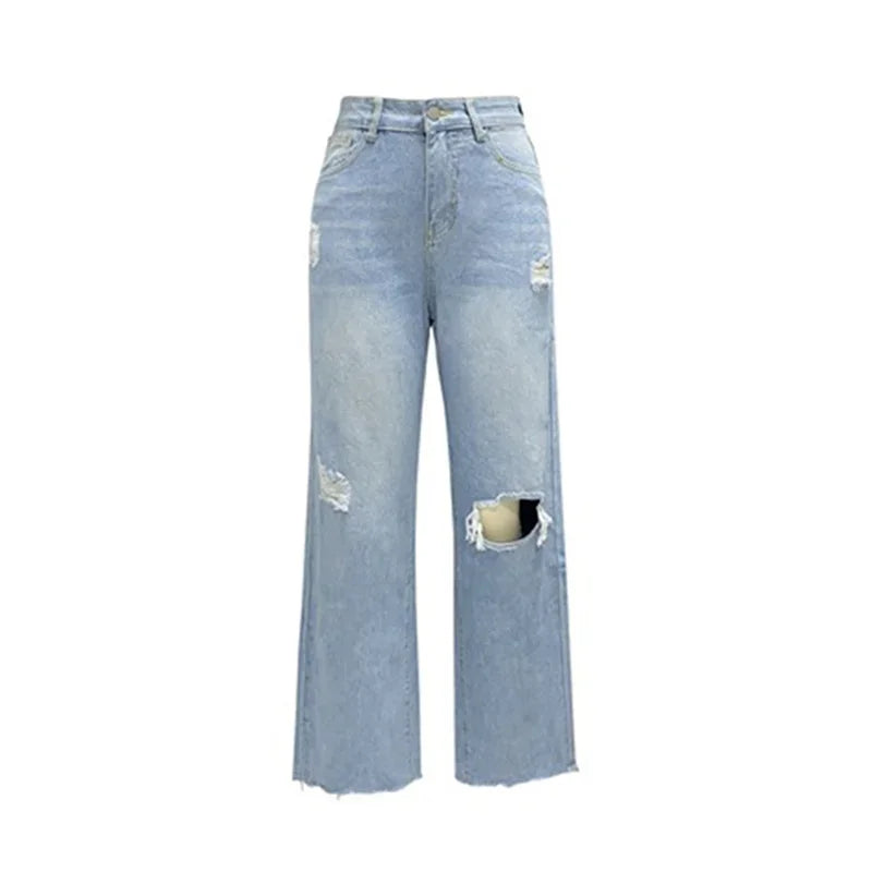 Comfortable High-Waist Knee-Broken Straight Jeans for Women