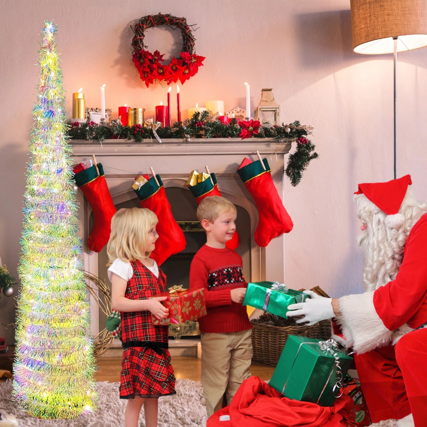 5 Fuß großer Pop-Up-Lametta-Weihnachtsbaum mit LED-Lichtern