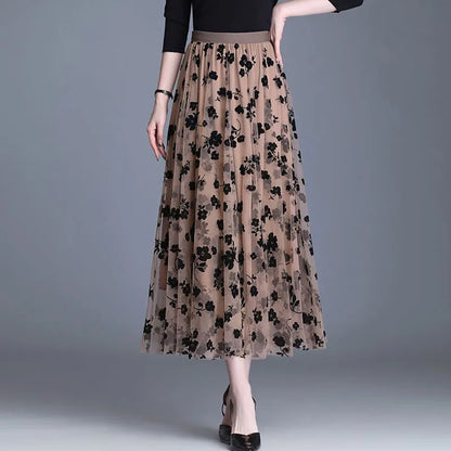 Korean Mesh Midi Skirt with Flowers