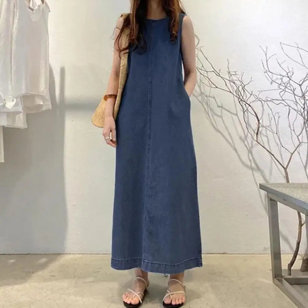 Pleated Denim A-Line Maxi Sundress