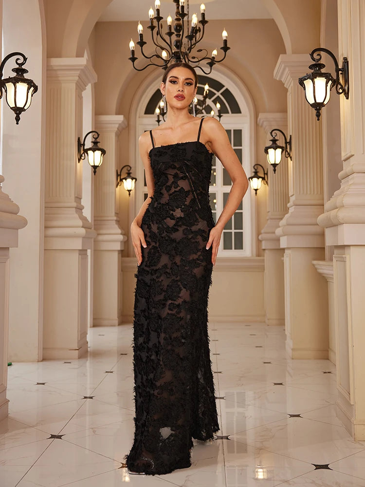 Mingmingxi – Elegantes schwarzes Maxikleid mit Applikationen