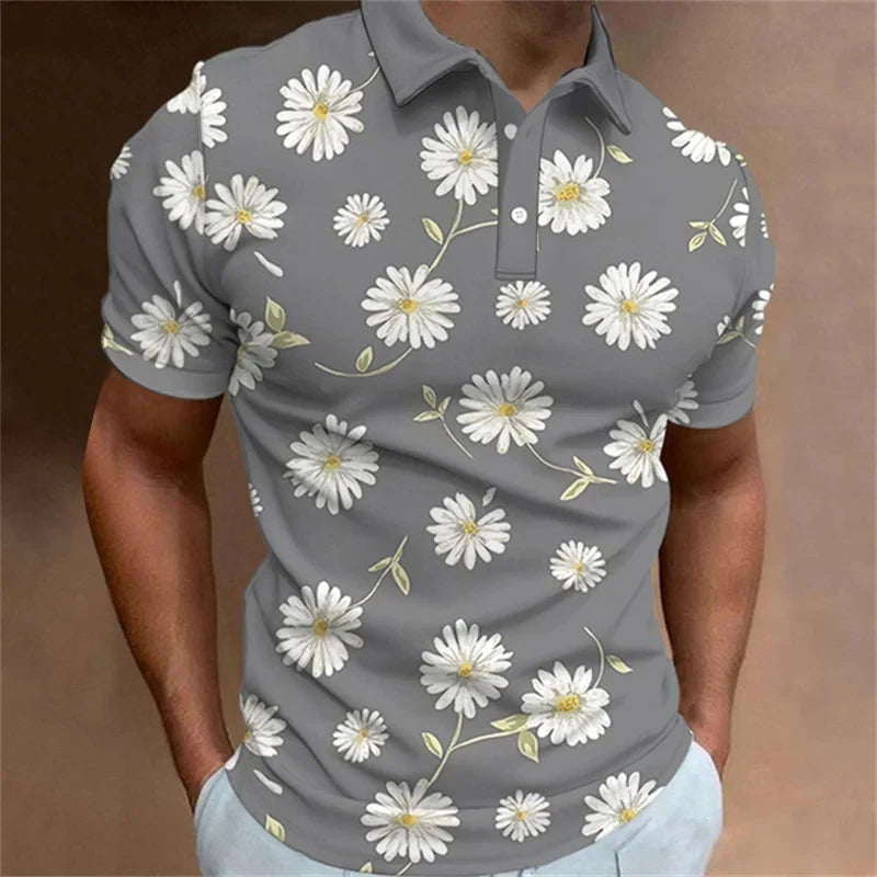 Men's Polo Shirt Fashion 3D Printed Flower Pattern Lapel Short Sleeve Top Summer New Leisure Vacation Street Breathable Clothing