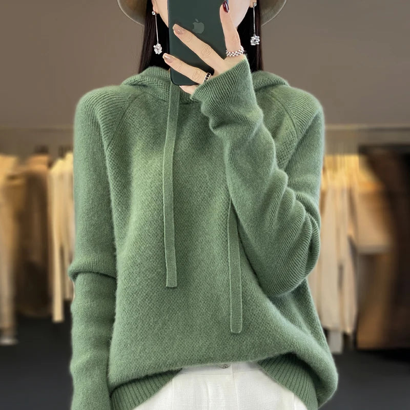 Cozy Pure Wool Hooded Sweater for Women