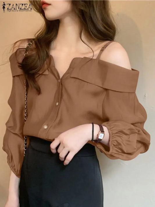 Sexy Casual Tops with Button Straps Off-Shoulder Blouse
