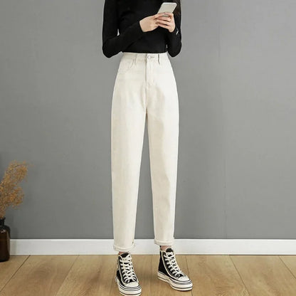 Jean amincissant taille haute pour femme, coupe ample et droite