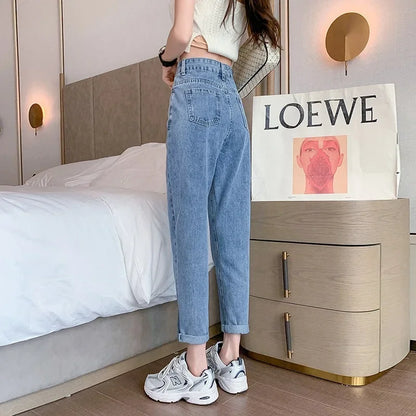 Jean amincissant taille haute pour femme, coupe ample et droite